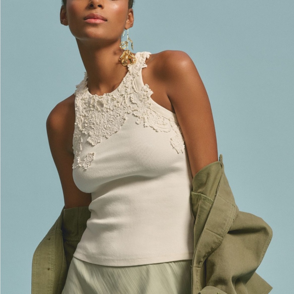 By Anthropologie Ivory The Pippah Lace Appliqué Tank Top Medium - Picture 4 of 10